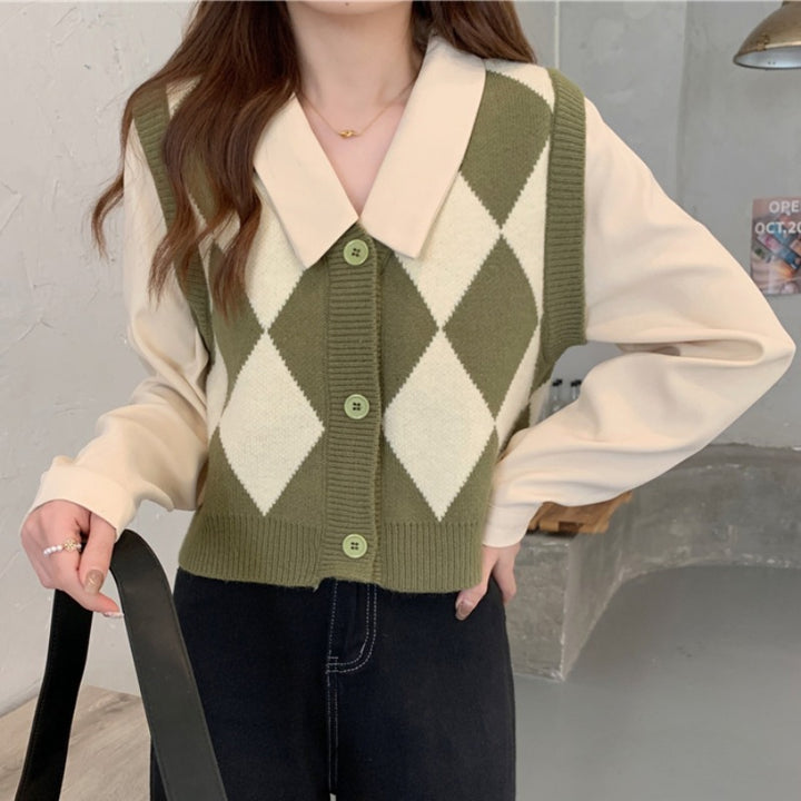 Gilet élégant pour femmes avec motif en diamant et col chemise Chic & Stil