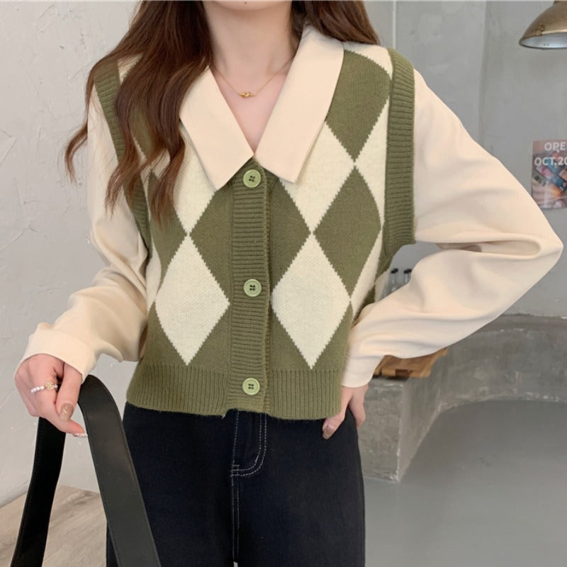 Gilet en tricot pour femmes avec motif à carreaux et col classique Chic & Stil