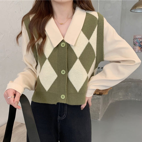 Gilet en tricot pour femmes avec motif à carreaux et col classique Chic & Stil