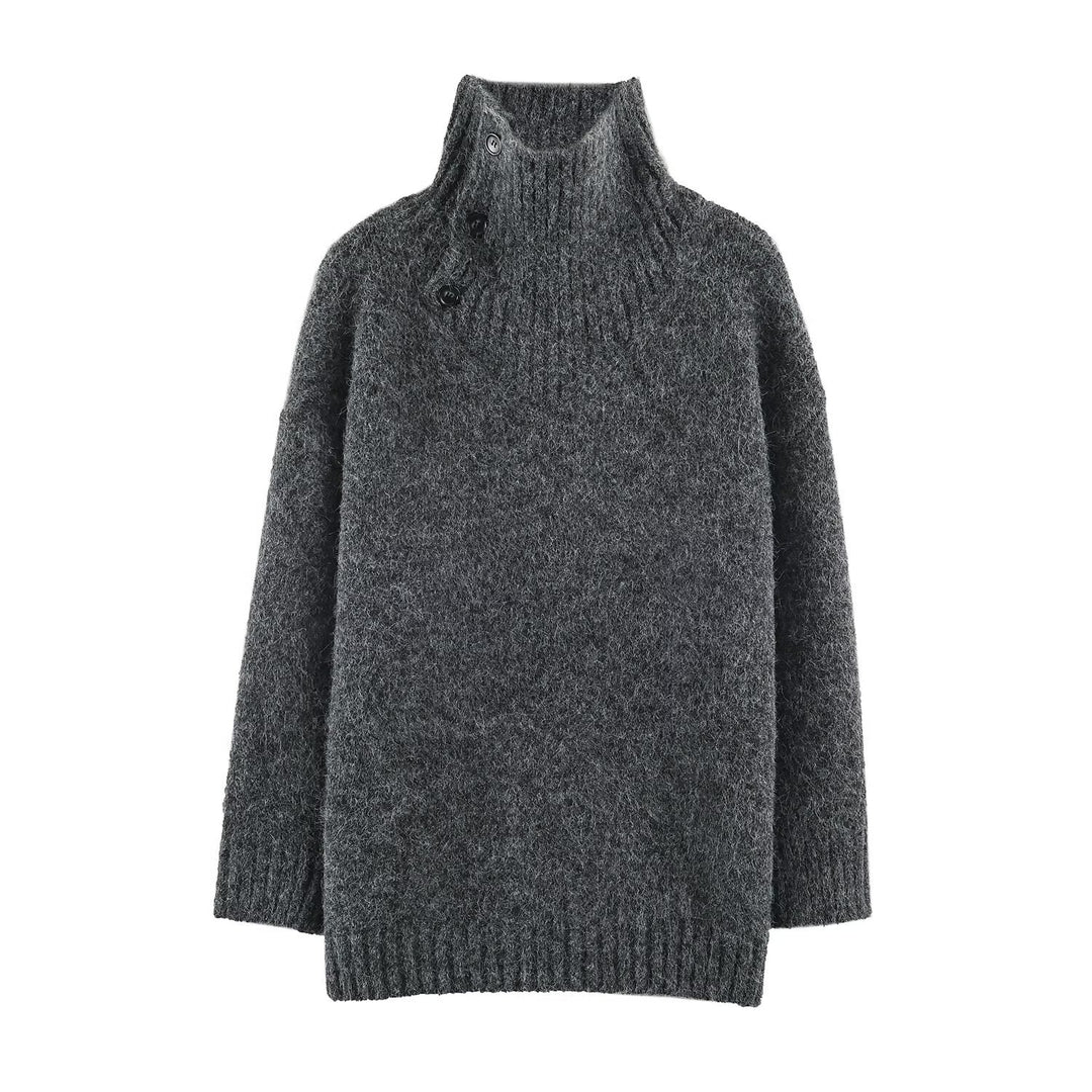 Women's Oversized Knit Sweater with High Ribbed Collar, Button Detail and V-Neck Amarae