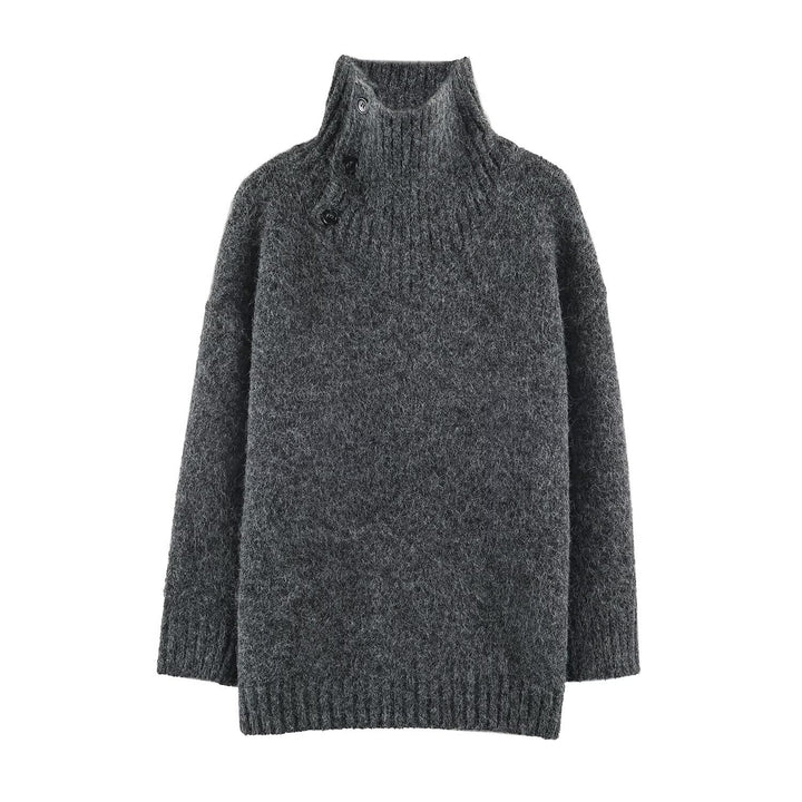 Women's Oversized Knit Sweater with High Ribbed Collar, Button Detail and V-Neck Amarae