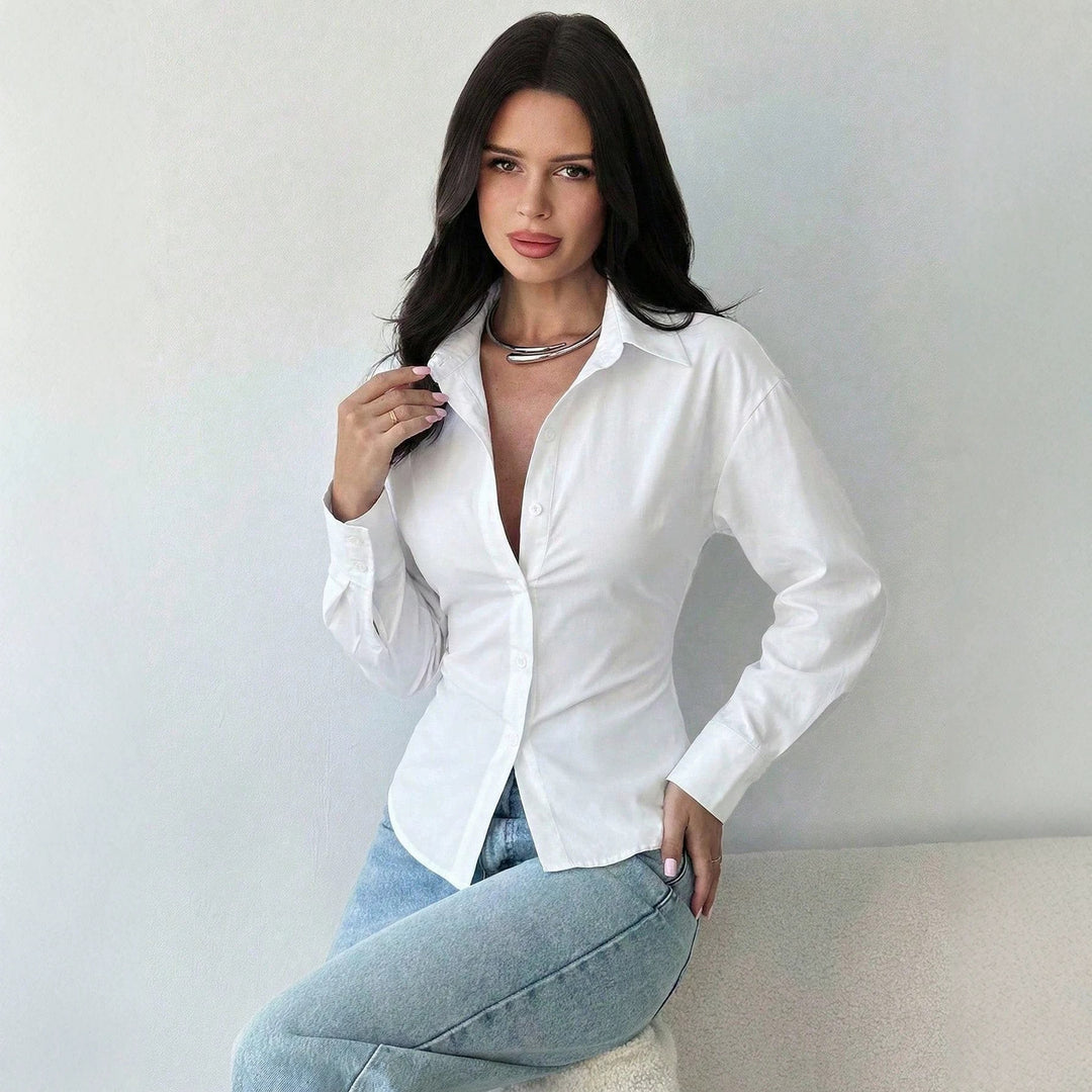 Women's Tailored Striped Shirt Blouse with Lapel Collar and Shaping Waist Amarae