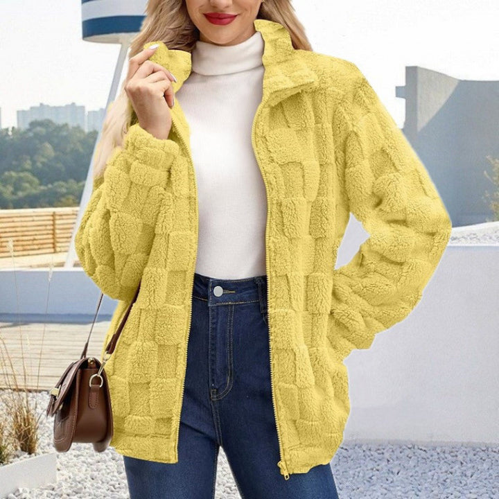 Women's teddy jacket with check structure, stand-up collar and zipper Amarae
