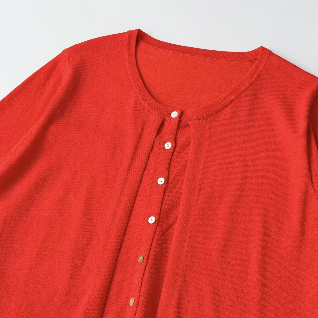 Women's Light Three-Quarter Sleeve Button Cardigan with Round Neck and Extended Ribbed Cuff Amarae