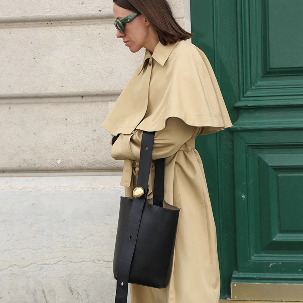 Ladies Long Trench Coat with Capelet, Waist Belt and Raglan Sleeves Amarae