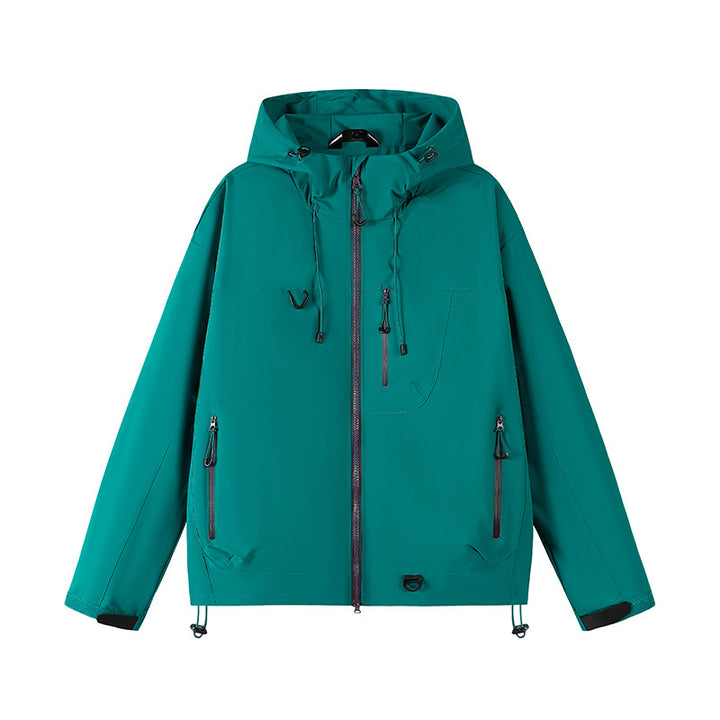 Outdoor technical jacket for women with waterproof material and adjustable hood system Lune London