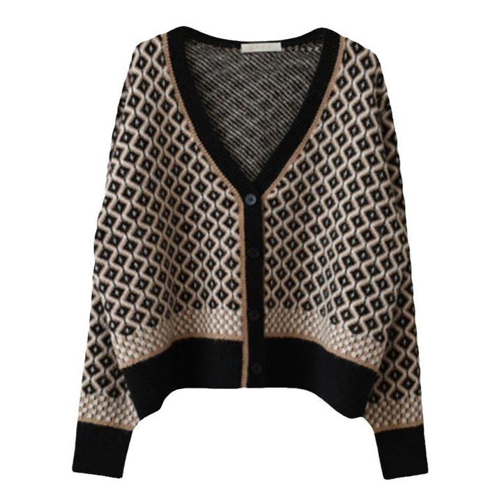 Knitted women's jacket with geometric design and button closure Lune London