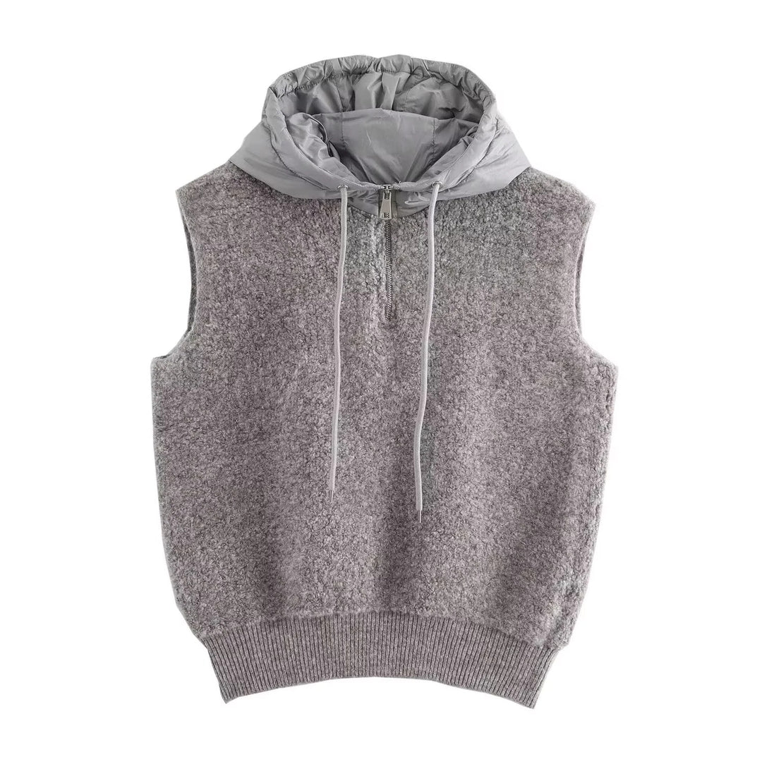 Women's sleeveless knitted vest with quilted hood and half zip Amarae