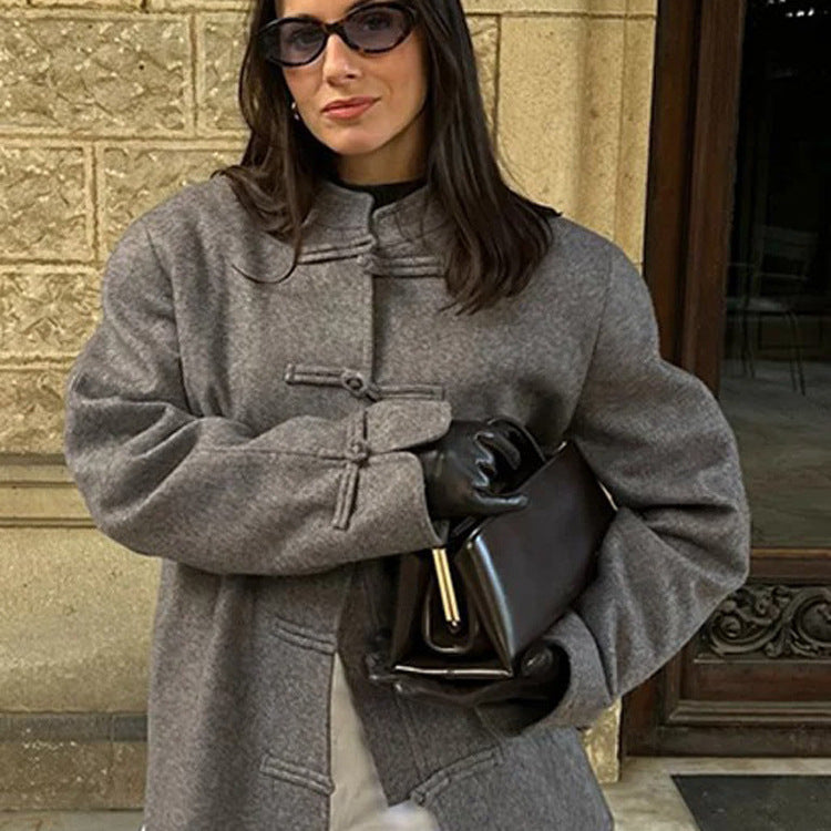 Women's Oversize Wool Blend Jacket with Mandarin Collar and Toggle Closures Amarae
