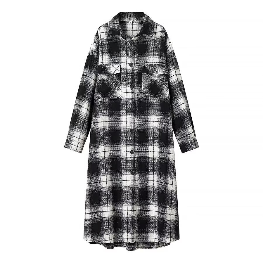 Women Checked Longline Shirt Coat made of Wool Blend with Oversized Silhouette and Flap Pockets Amarae