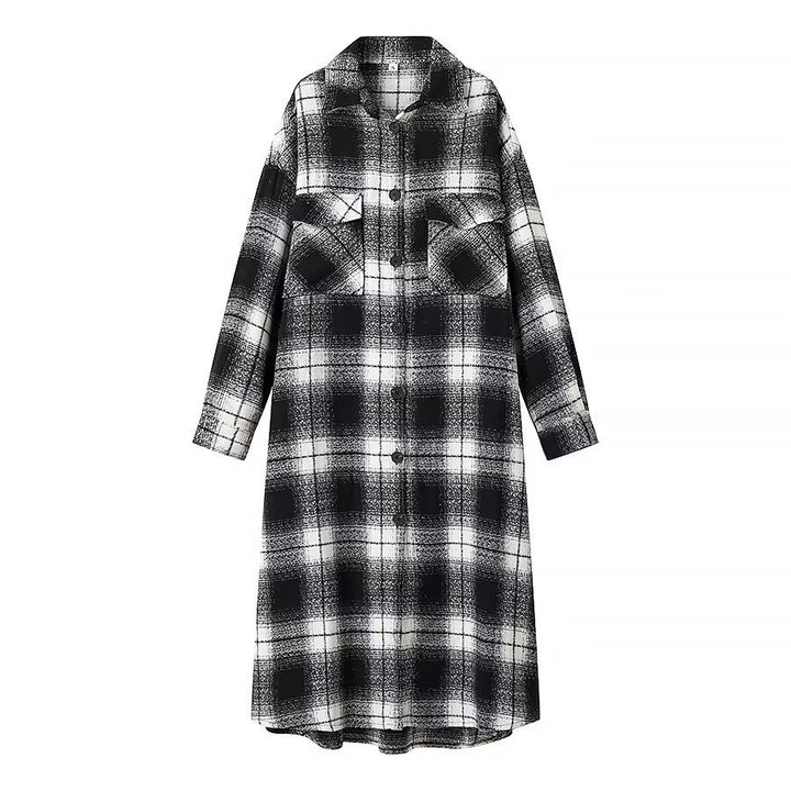 Women Checked Longline Shirt Coat made of Wool Blend with Oversized Silhouette and Flap Pockets Amarae