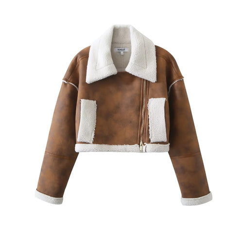Ladies cropped synthetic leather jacket with comfortable teddy lining and practical pockets Amarae