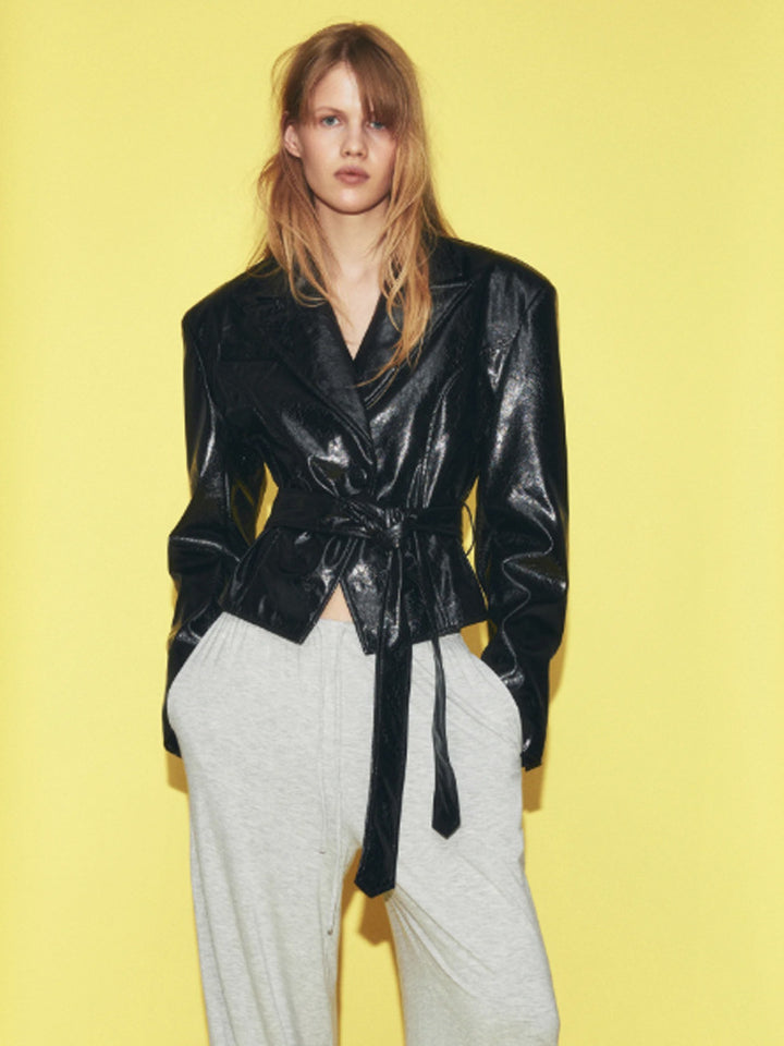 Women’s short blazer in patent leather look with waist belt and flowing lapel Amarae