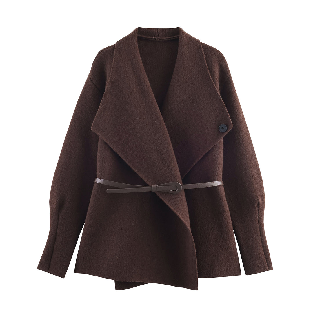 Women's Short Cut Wool Blend Cardigan Coat with Wide Shawl Collar and Narrow Tie Belt Amarae