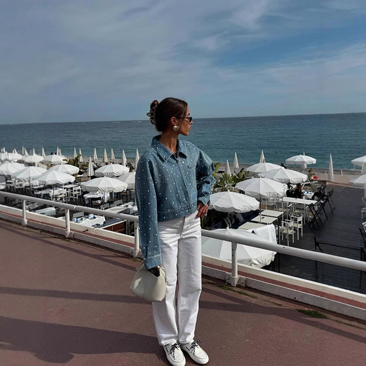 Women Cropped Denim Jacket with Pearl Detail and Oversized Sleeves Amarae