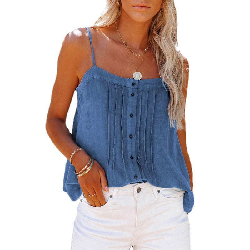Lightweight women's tank top with spaghetti straps, plaid design and button details Amarae