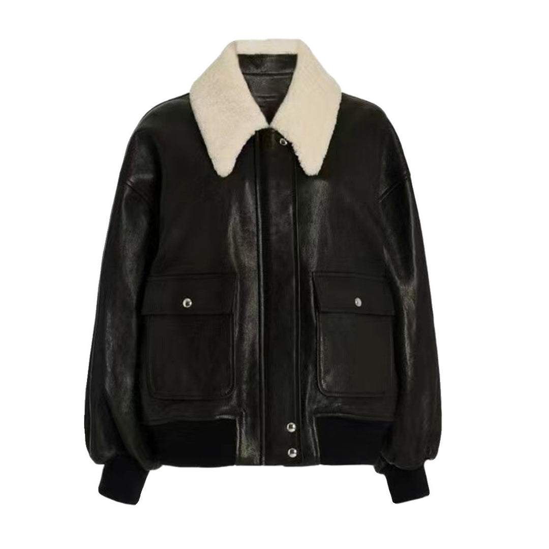 Trendy leather jacket for women with voluminous sleeves and Teddy collar Lune London