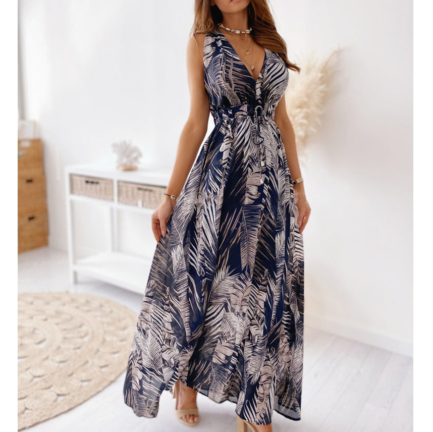 Maxi dress for women with tropical print and draped front detail Lune London