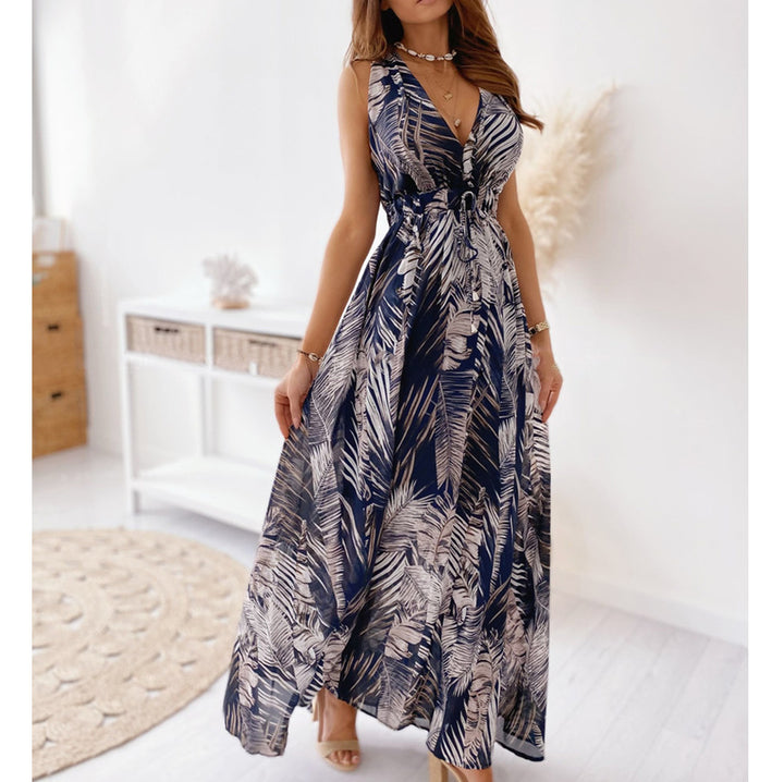 Maxi dress for women with tropical print and draped front detail Lune London