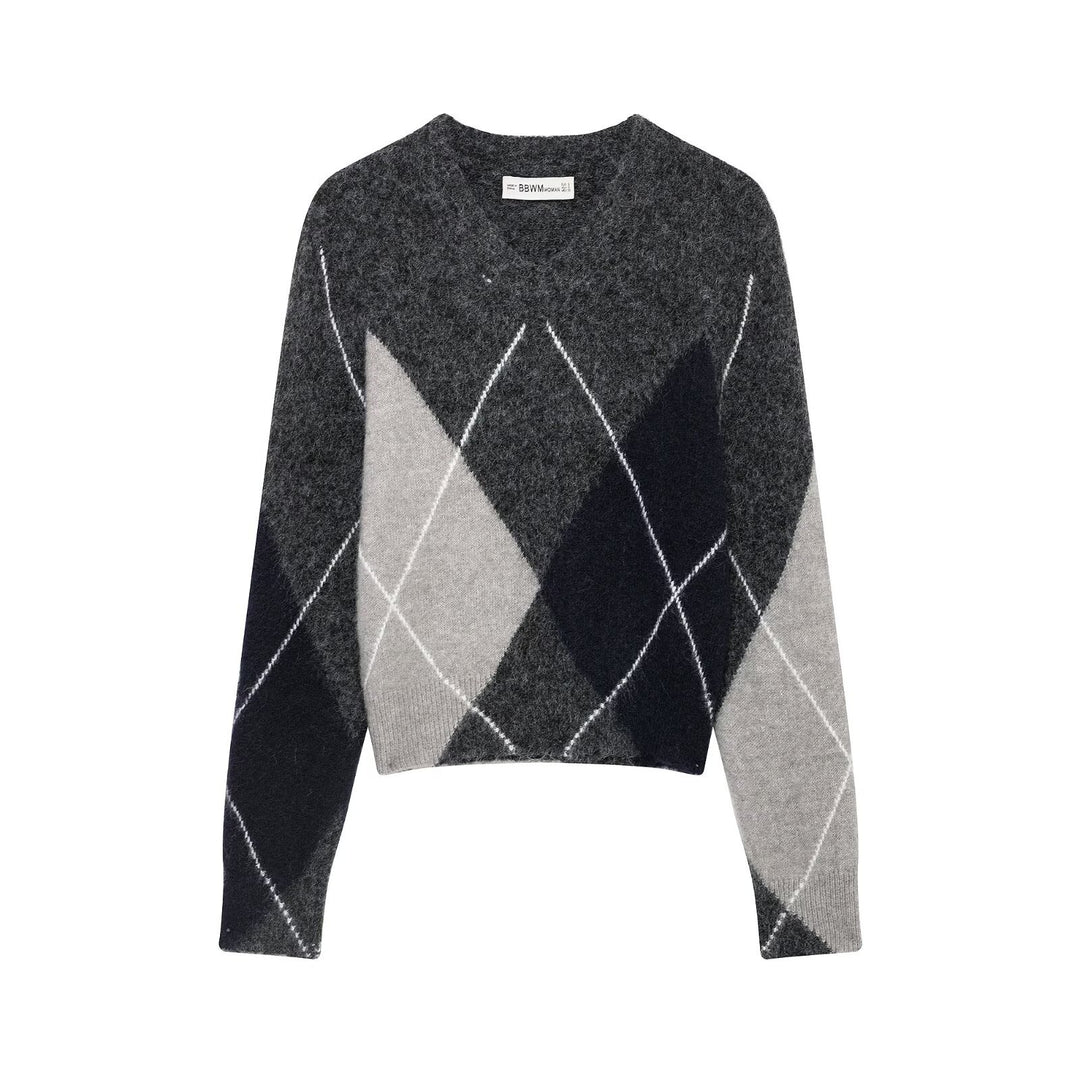 Women's argyle sweater made of wool blend with soft pile and boxy cropped silhouette Amarae