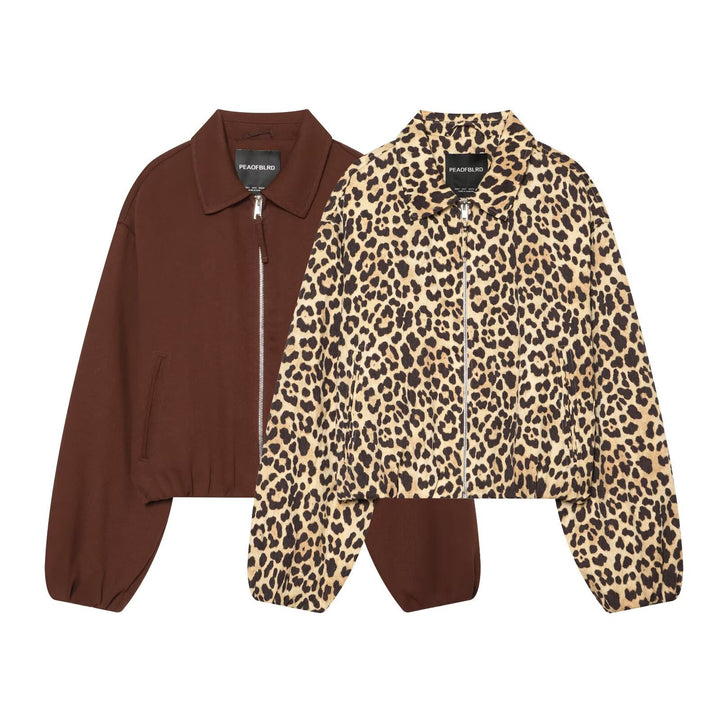 Women's Cropped Bomber Jacket in Oversized Cut with Full Length Zipper and Leopard Print Amarae