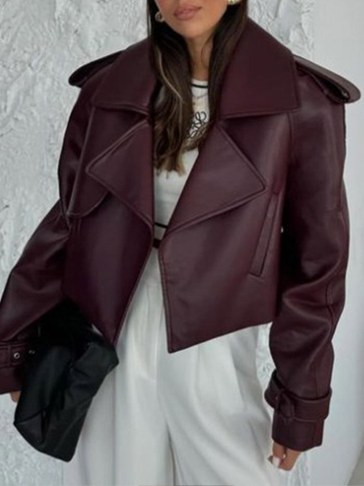 Women's faux leather biker jacket with wide lapels Lune London