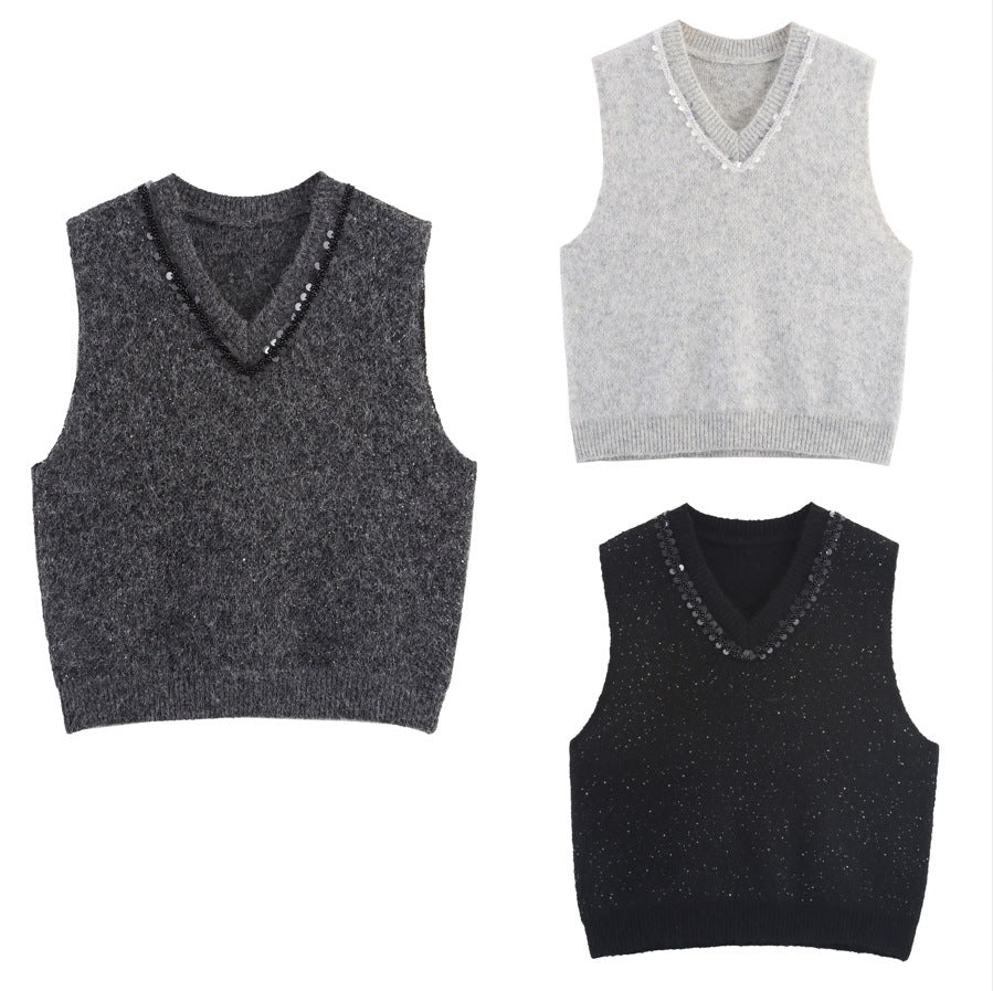Women's Sleeveless Mohair-Look Knitted Vest with V-Neck and Decorative Sequins Amarae