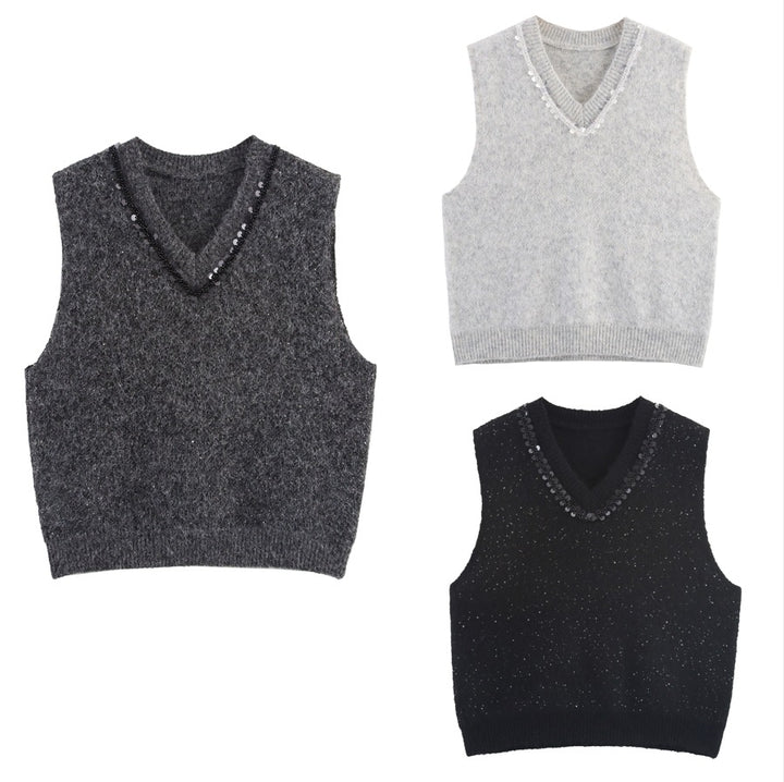 Women's Sleeveless Mohair-Look Knitted Vest with V-Neck and Decorative Sequins Amarae