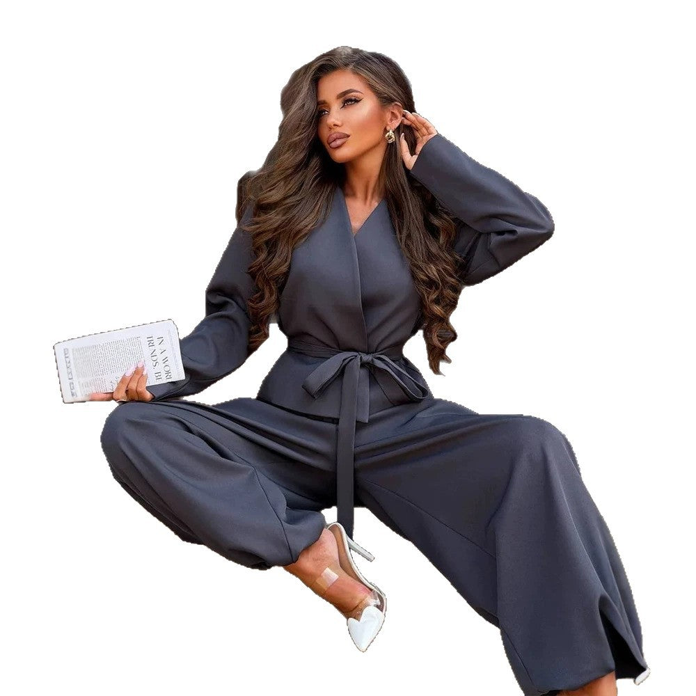 Women's Elegant Two-Piece Set with Wrap Jacket and Wide Pleat Trousers Amarae