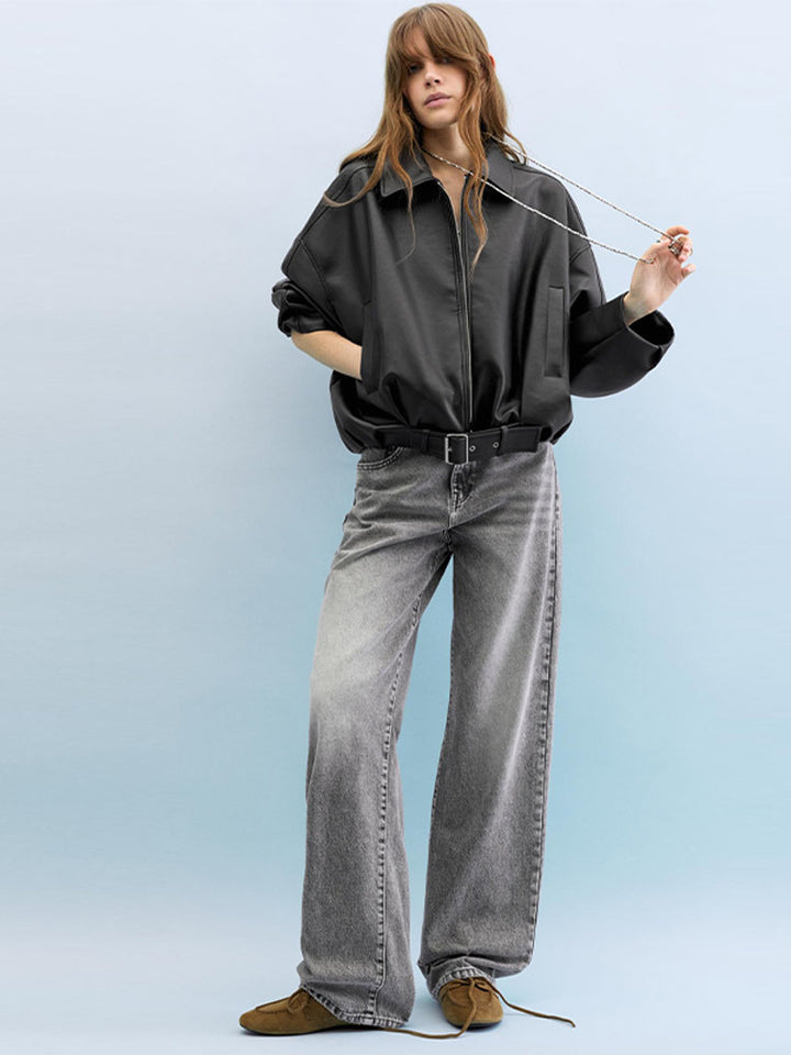 Fashion faux leather jacket for women with a loose fit and a waist belt Lune London