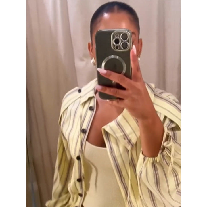 Women Striped Two-Piece Loungewear Set with Oversized Shirt Jacket and Drawstring Pants Amarae