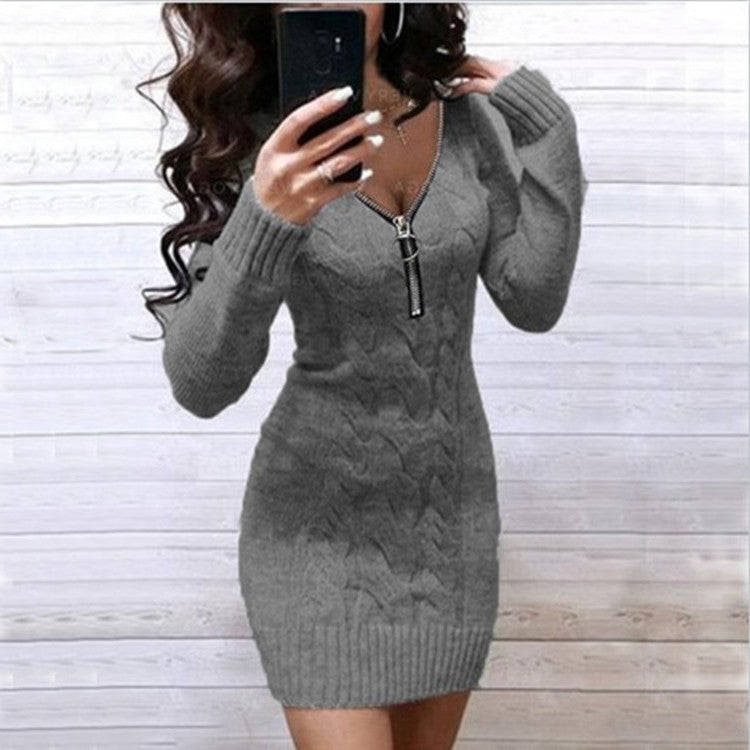 Ladies Knit Dress with Zipper and Cable Pattern Lune London
