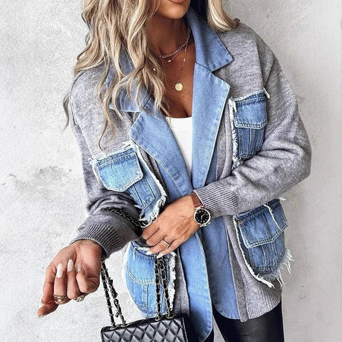 Dame cardigan de loisirs avec deux poches poitrine appliquées et un denim soigné Chic & Stil