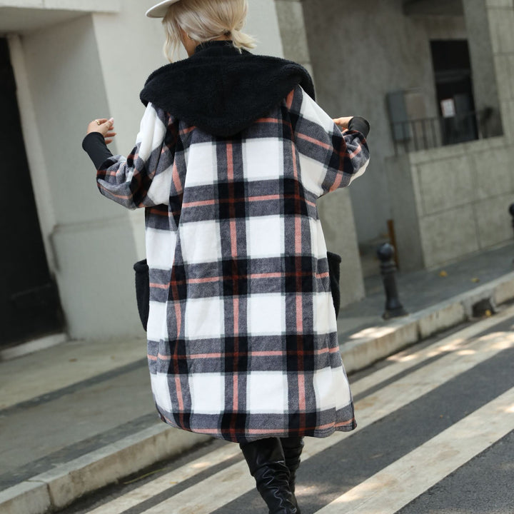 Ladies Plaid Plush Jacket with Large Pockets and Casual Chic Design