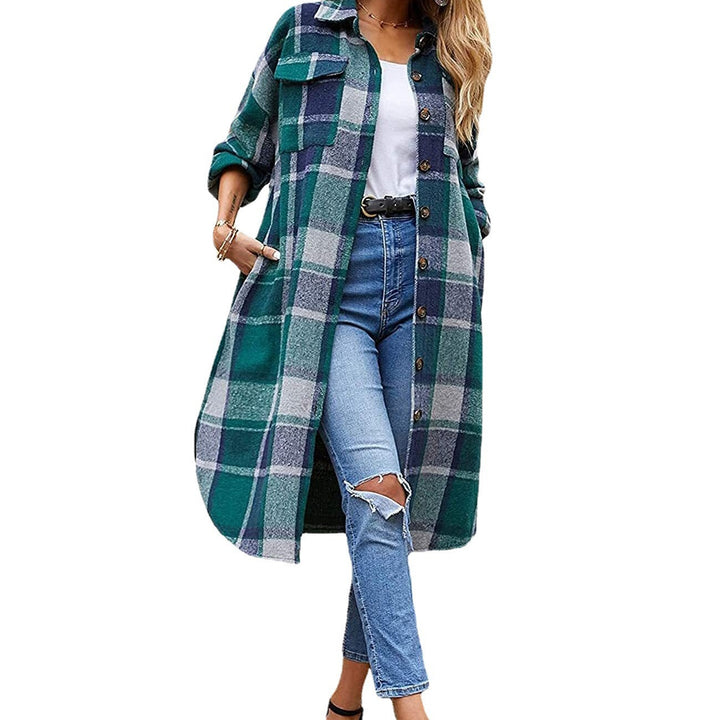 Ladies Long Checkered Coat with Practical Pockets and Button Closure Lune London