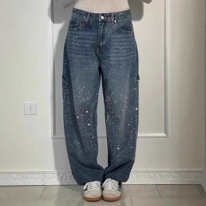 Ladies Oversized Cargo Jeans with Shimmering Detail Lune London