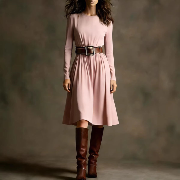 Women Elegant Dress with Long Sleeve and Waist Belt Chic & Stil