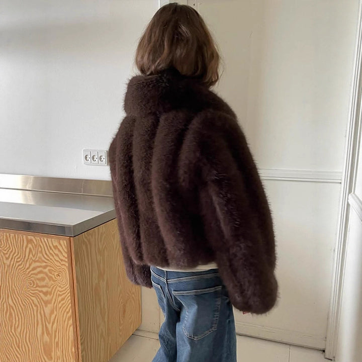 Women's Short Cropped Faux Fur Jacket with Voluminous Shawl Collar and Boxy Silhouette Amarae