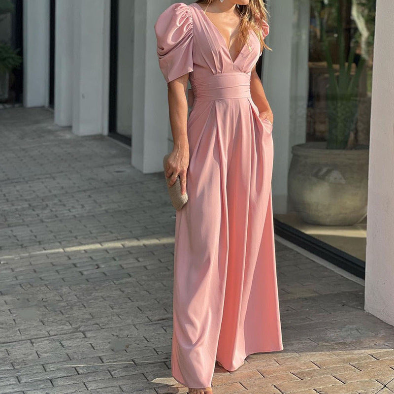 Ladies Elegant Puff Sleeve V Neck Chic and Stylish Jumpsuit