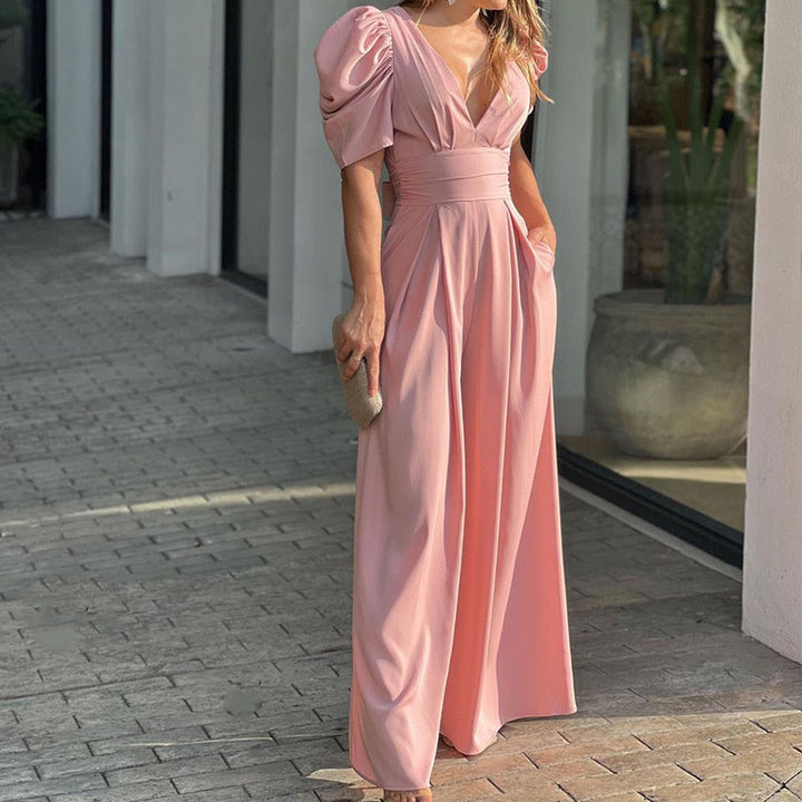 Ladies Elegant Puff Sleeve V Neck Chic and Stylish Jumpsuit