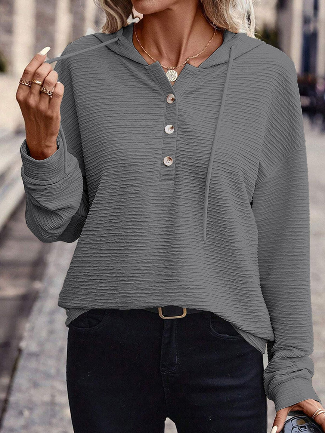Hooded T-shirt for women with button placket and textured surface Lune London