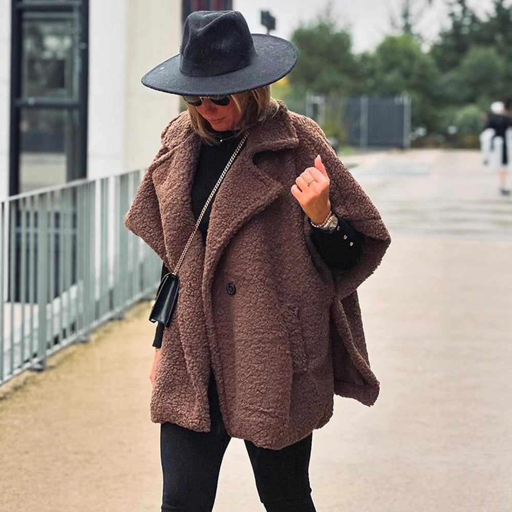 Women's Short Teddy Cape with Shawl Collar and Concealed Button Placket Amarae