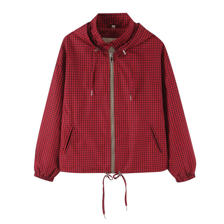 Women Lightweight Hooded Boxy Transitional Jacket with Check Grid Print, Drawstring and Elastic Cuffs Amarae