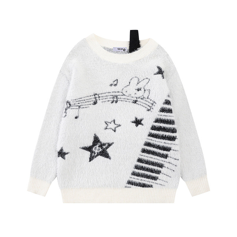 Women's Cozy Knit Sweater with Cartoon Note and Star Motif Amarae