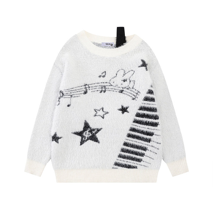 Women's Cozy Knit Sweater with Cartoon Note and Star Motif Amarae