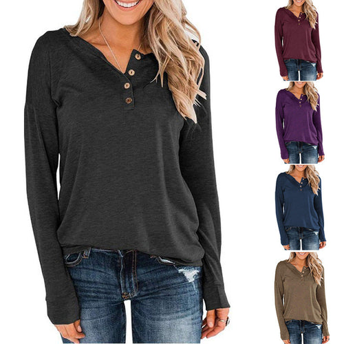 Women’S Fashionable Long Sleeve Henley Shirt with Button Placket Amarae