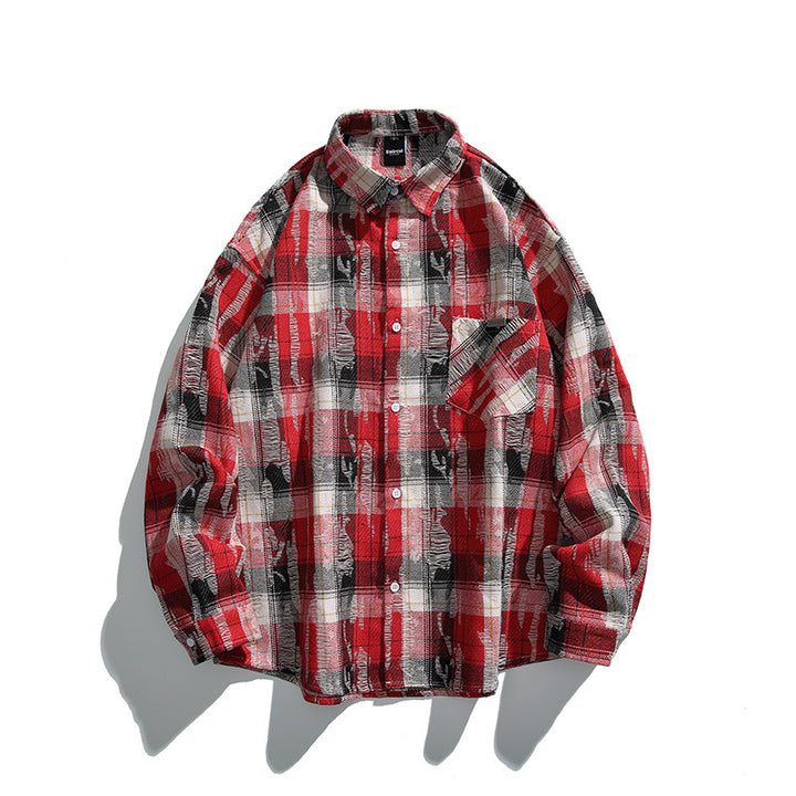 Unisex Oversized Checked Flannel Shirt with Destroyed Details and Chest Pocket Amarae