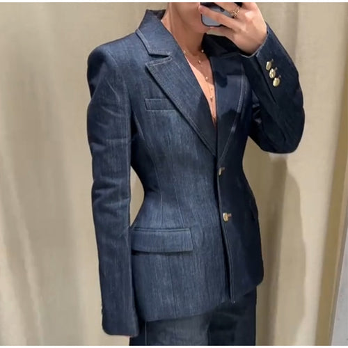 Modern women’s denim blazer with a fitted cut and practical pockets Amarae