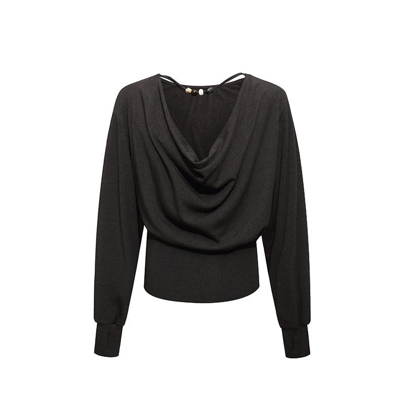 Women Draped Long Sleeve Top with Waterfall Collar, Open Back Strap and Fitted Ribbed Hem Amarae
