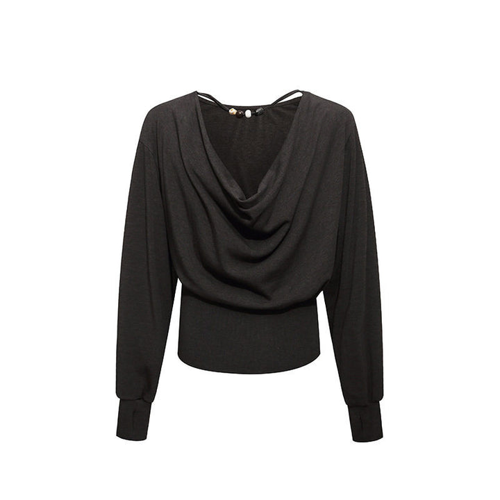 Women Draped Long Sleeve Top with Waterfall Collar, Open Back Strap and Fitted Ribbed Hem Amarae